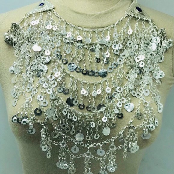 Multilayers Afghan Silver Necklace, Gypsy Silver Kuchi Bib Necklace